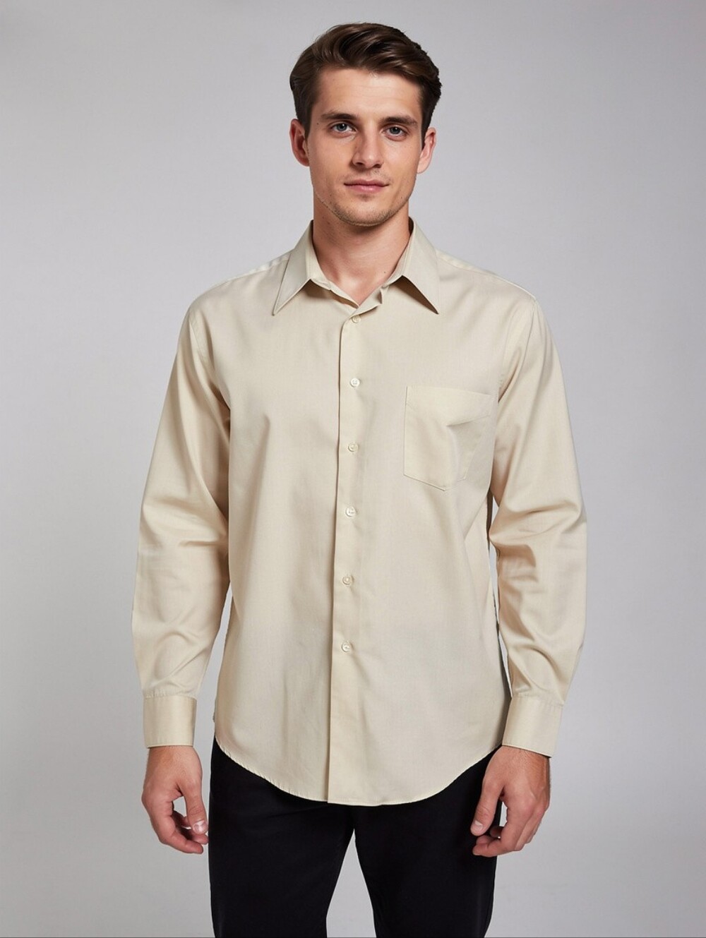 'Arrow' Fitted POPLIN long sleeve beige dress shirt, buttondown, 16.5 x 32/33